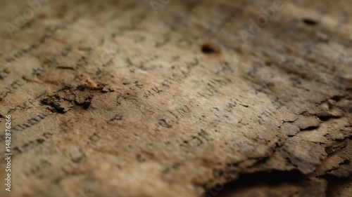 Close-up of an ancient manuscript page with faded writing on textured brown paper