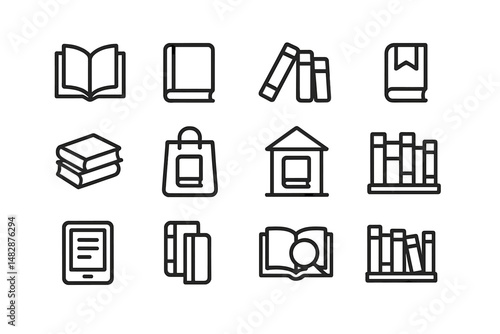 Collection of minimalistic book and reading icons representing various literary themes and tools in a simple design layout