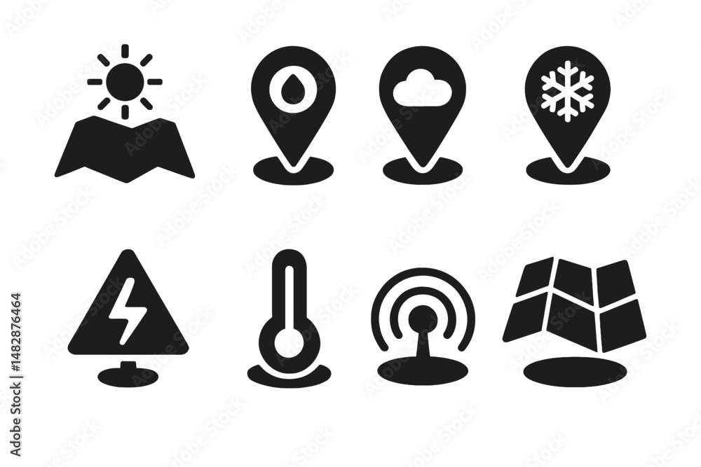 Symbols representing weather conditions and environmental elements for use in digital applications and design projects Symbols representing weather conditions and environmental elements for use in digital applications and design projects