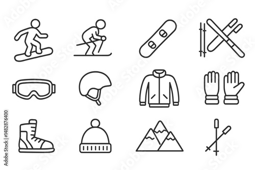 Snow sports gear and activities including skiing and snowboarding in a winter landscape