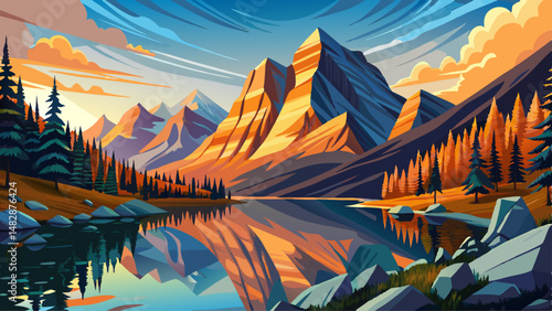 Panorama of Three sisters mountain reflection on pond at sunrise in autumn at Banff national park very beautiful