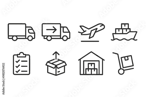 Transportation methods and logistics icons representing delivery systems in an efficient manner
