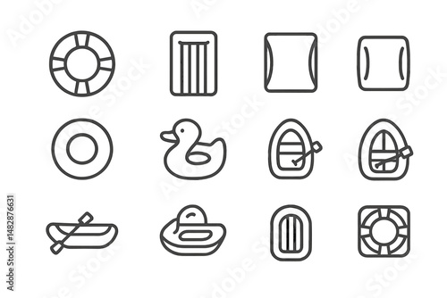 Collection of various water-related items including rafts, boats, and life preservers on a plain background