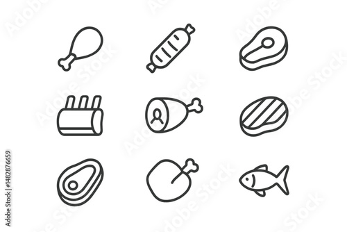 Collection of simple line drawings of various meat cuts and poultry arranged in a grid pattern for culinary reference and design purposes