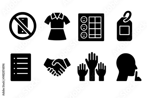 Common symbols representing rules, social interactions, and organization in various settings