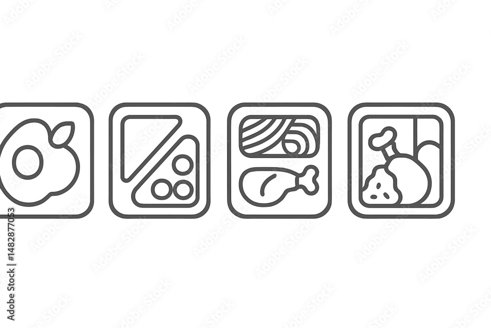 Food icons representing a variety of meal options in a simple, minimalist design showcasing different food groups and preparations Food icons representing a variety of meal options in a simple, minimalist design showcasing different food groups and preparations