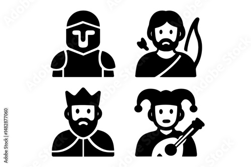 Fantasy characters featuring a knight, an archer, a king, and a jester in a playful medieval setting