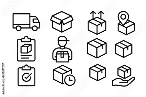 Illustrative icons depicting logistics, shipping, and delivery processes relevant for e-commerce businesses and services