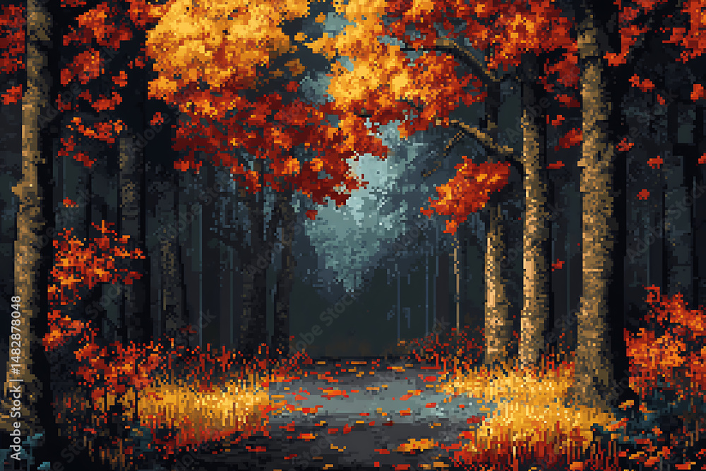 Fototapeta premium Pixel art of an autumn forest path with orange leaves and dark trees in a misty environment