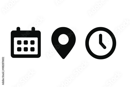 Calendar, location marker, and clock icons representing planning and scheduling for events or activities