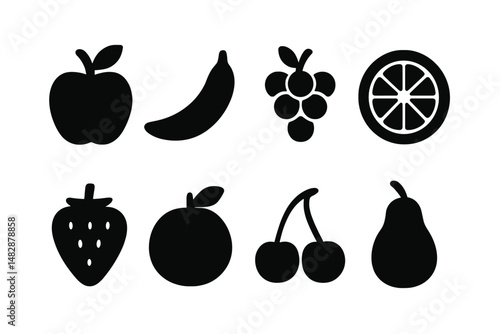 Collection of fruit silhouettes featuring apple, banana, grape, orange, strawberry, tangerine, cherry, and pear shapes