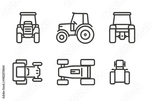 Different styles of tractors and racing cars displayed in a minimalist design featuring various angles and perspectives