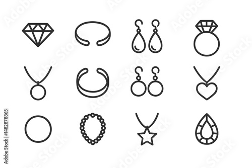 Collection of various jewelry designs including rings, earrings, necklaces, and bracelets in minimalist style