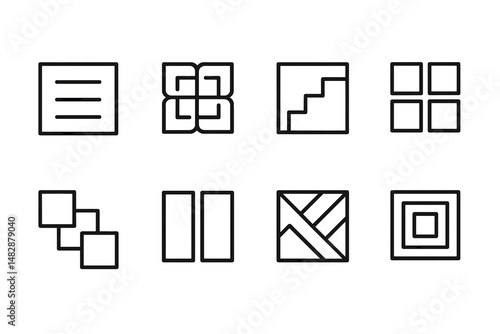 Geometric icons representing various concepts arranged in a grid layout on a plain background