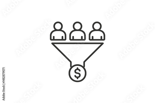 Marketing funnel illustration showing customer conversion process with people and dollar sign