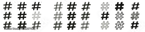 Creative variations of hashtag symbols in black and white on a white background showcasing artistic styles