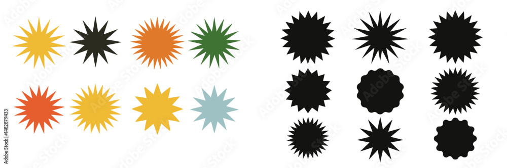 Colorful and black starburst shapes displayed on a white background for design or decoration purposes Colorful and black starburst shapes displayed on a white background for design or decoration purposes