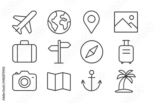 Collection of travel icons representing exploration and adventure with designs of transportation, maps, and locations
