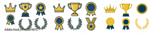 Decorative collection of award trophies, medals, and badges designed for celebrations and achievements