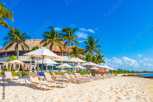 Palms parasols sun loungers beach resort Playa del Carmen Mexico.