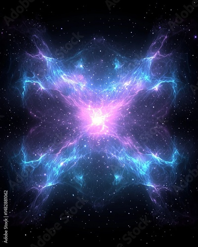 Space galaxy hidden. A glowing, colorful nebula with electric blue and purple energy patterns in deep space, surrounded by countless stars.