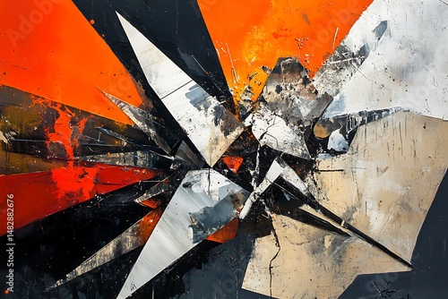  Fierce abstract explosion with fragmented geometry, bold shadows, and molten textures