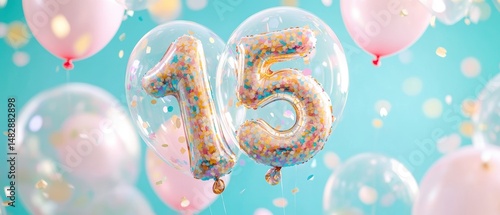 Celebration balloons with number 15 for birthday party decoration, colorful festive background, fun event, joyful atmosphere, party supplies, kids celebrations.