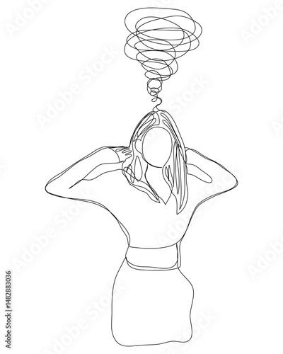 Sketch problem concept minimal woman emotion stress headache drawing line art.Female unhappy depress hand drawn continuous line concept with white ioslated background.Abstract,vector,illustration.