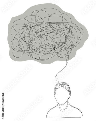 Sketch problem concept minimal man emotion stress headache drawing line art. Male unhappy depress hand drawn continuous line concept with white isolated background. Abstract,vector,illustration.