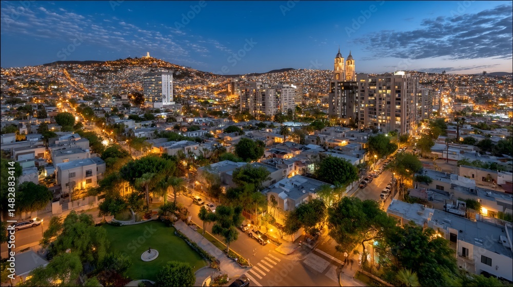 Obraz premium Illuminated city sprawls beneath twilight sky