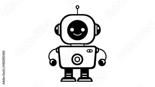 black and white funny cartoon robot smiling vector illustration