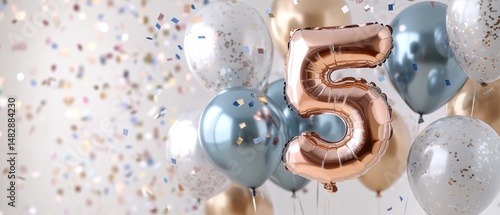 Wallpaper Mural Birthday celebration with number five balloon surrounded by colorful balloons and confetti for festive party decor and joyful event atmosphere. Torontodigital.ca