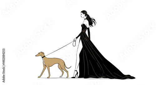 Elegant woman walking greyhound on a stylish urban background