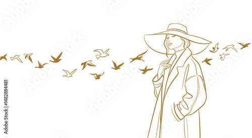 Stylish woman in hat embracing freedom with flying birds