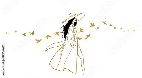 Woman walking with birds against a white background