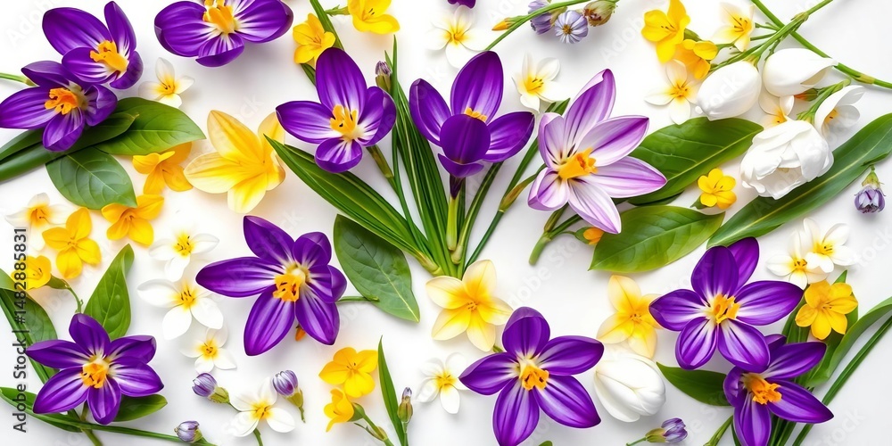 Vibrant violet, yellow, & white crocuses and hepatica liverleaf blossoms arranged on white background Spring floral flatlay, violet, flatlay Vibrant violet, yellow, & white crocuses and hepatica liverleaf blossoms arranged on white background Spring floral flatlay, violet, flatlay