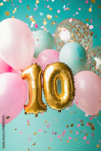 Birthday celebration decorations with gold number 10 balloon, colorful balloons, confetti, and festive background for milestone events and party themes.