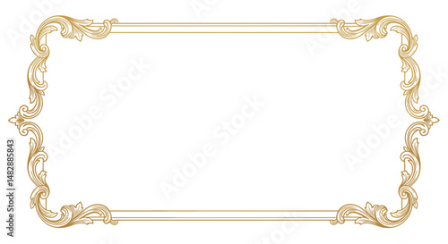 Ornate vintage gold frame with floral curls on transparent background.


