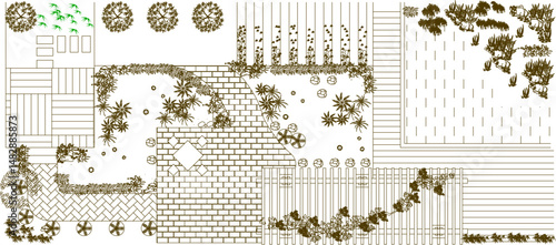 vector sketch illustration silhouette design of landscape site plan of garden with various ornamental plants and trees
