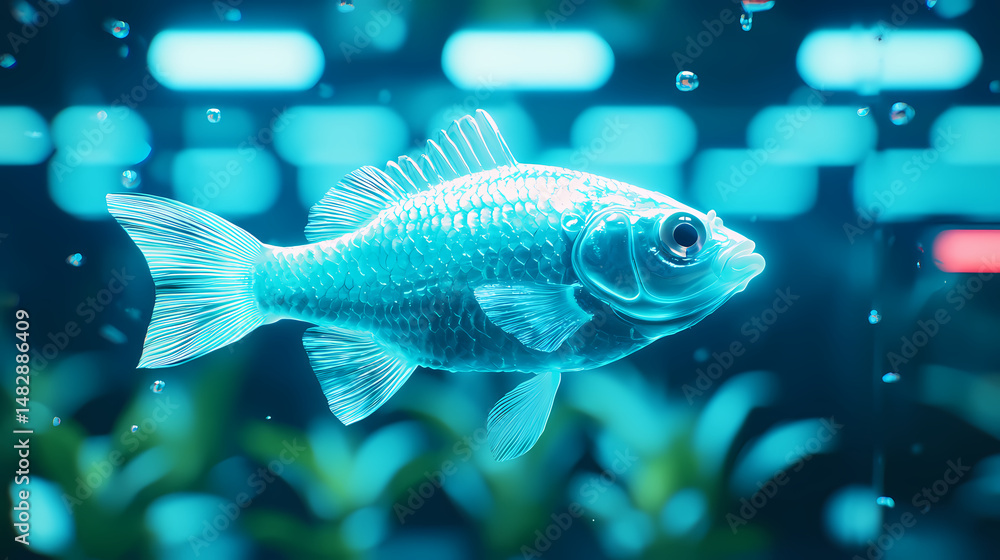 Fototapeta premium A blue fish swims in a brightly lit aquarium, surrounded by water bubbles and blurred aquatic plants.
