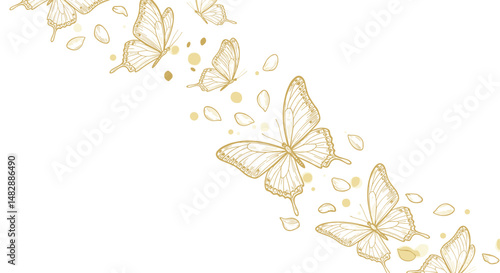 Butterflies flying with golden accents on white background