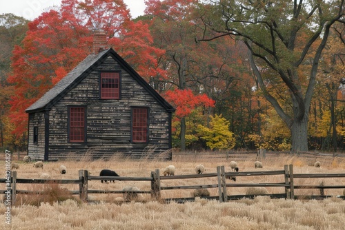 A rustic wooden house sits in a field with grazing sheep, surrounded by vibrant autumn trees and a split-rail fence.