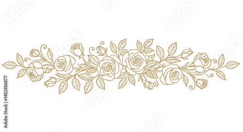 Gold line art floral pattern with roses