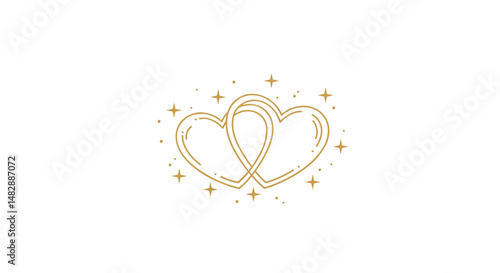 Gold intertwined hearts with sparkles on white background