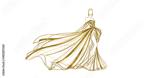 Fashion model in elegant gown displaying grace on white background
