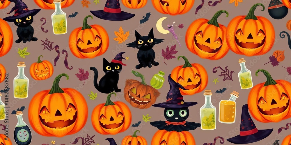 Spooky Halloween seamless pattern featuring pumpkins, cats, witch hats, and potion bottles A cute autumn design ideal for wallpaper or prints, mystical, vintage Spooky Halloween seamless pattern featuring pumpkins, cats, witch hats, and potion bottles A cute autumn design ideal for wallpaper or prints, mystical, vintage