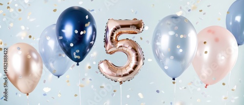Birthday party celebration with colorful balloons, number 5 foil balloon, sparkling confetti, festive decor for childrens birthday event decoration.