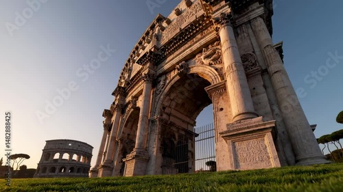 Rome, Italy, is the location of a panoramic view of the Colosseum and Constantine Arch at sunrise
