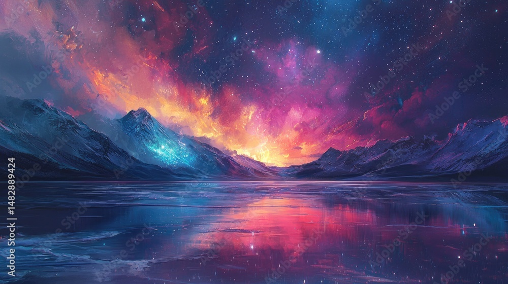 Fototapeta premium A vibrant, fantastical landscape of mountains, sky, and reflected colors.