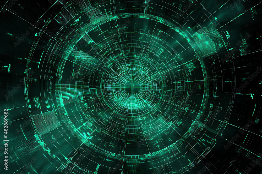 Abstract green circular tunnel with lines and geometric shapes on a dark background design element Abstract green circular tunnel with lines and geometric shapes on a dark background design element